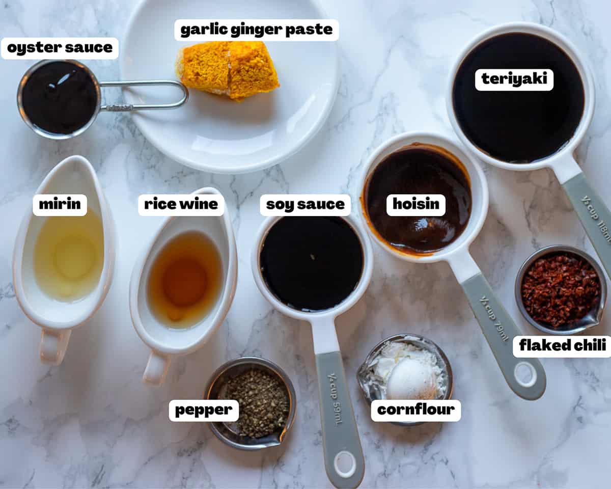 Labelled picture of ingredients for chicken stir fry noodles