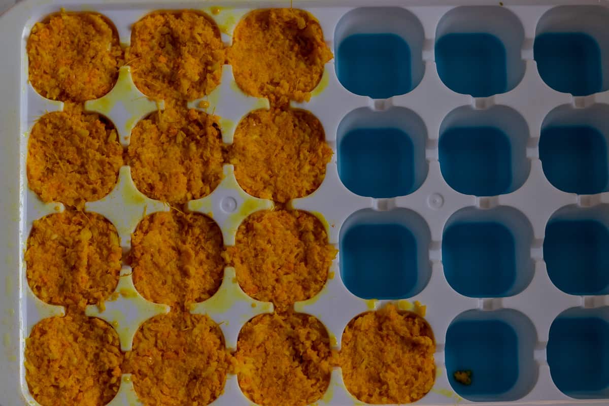 ginger garlic paste is placed in ice cube tray