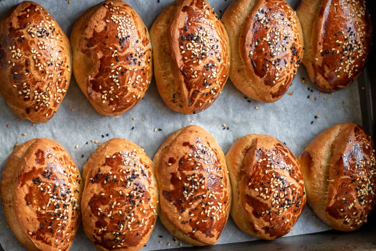 a tray of freshly baked pogaca