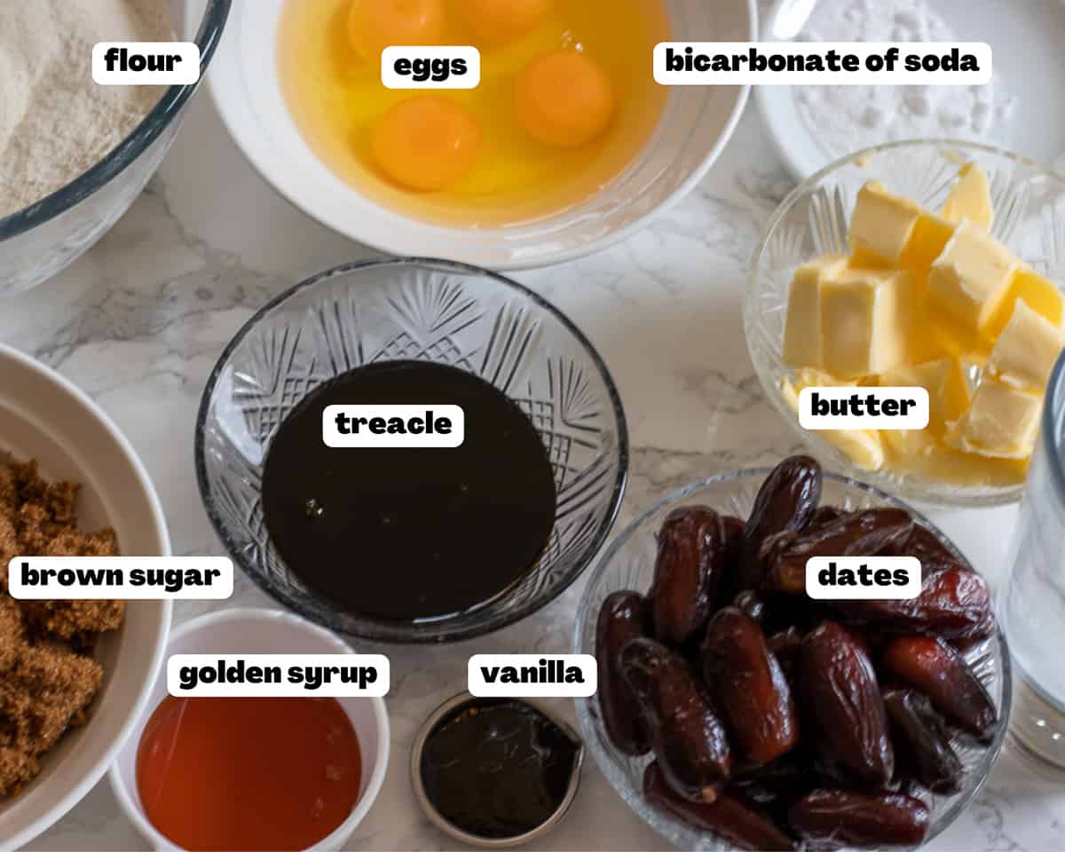 Labelled picture of ingredients for sticky date pudding