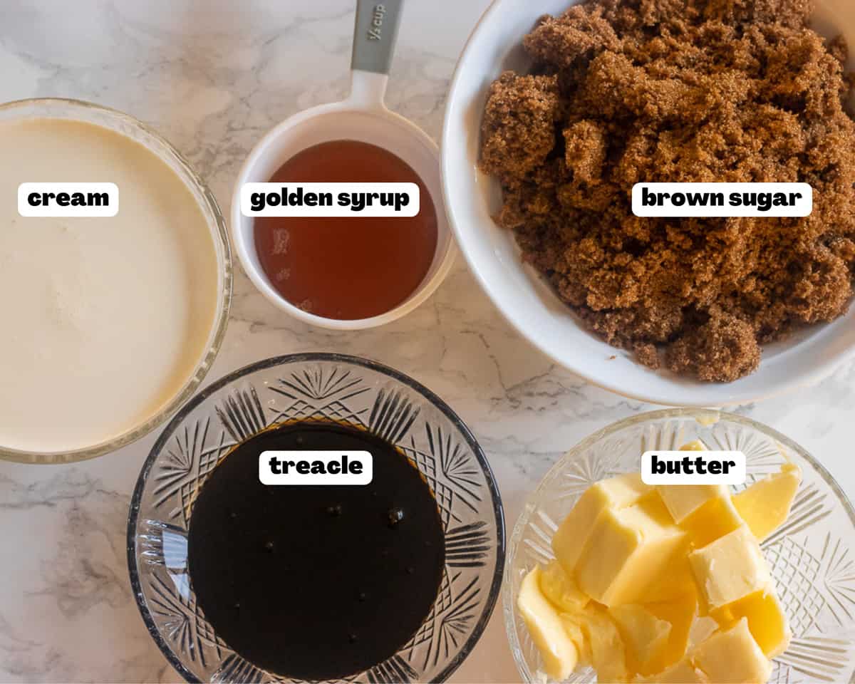 Labelled picture of ingredients for sticky toffee pudding