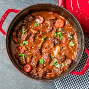 French slow cooked beef stew in a Dutch oven