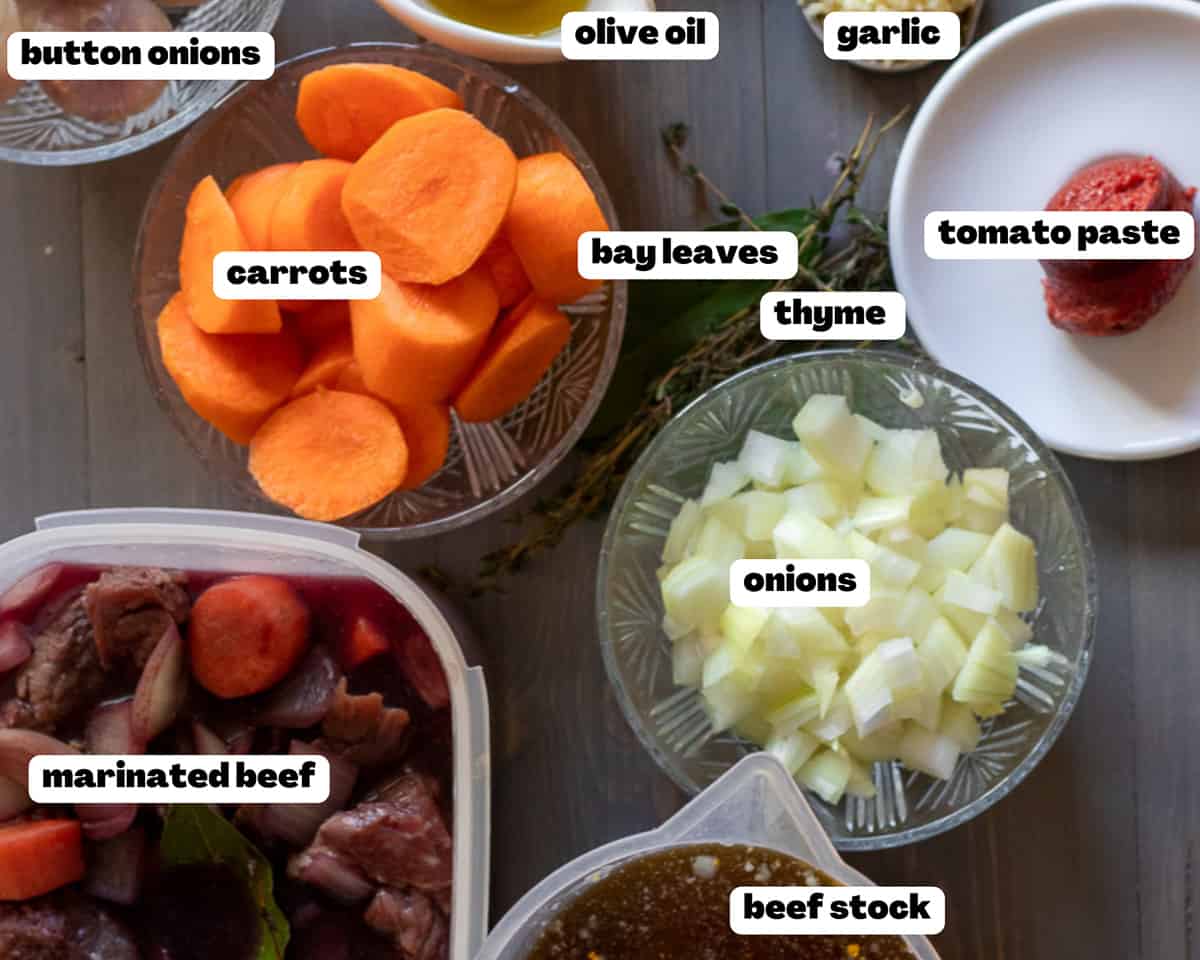 labeled picture of ingredients for the beef bourguignon