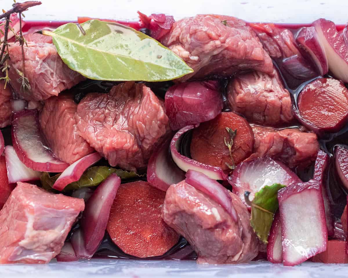 the marinade is added to the diced beef