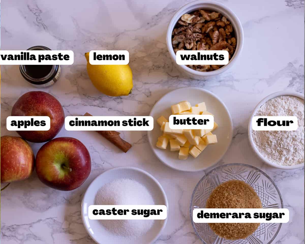 Labelled picture of ingredients for Apple crisp without oats
