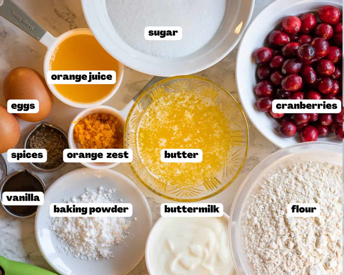 Labelled picture of ingredients for cranberry orange muffins
