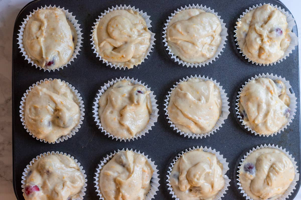 muffin mixture is divided into 12 muffin cases