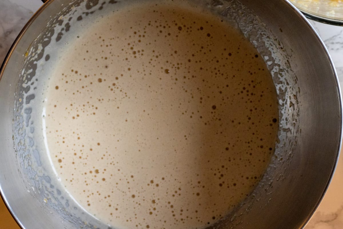 sugar and eggs are whisked until pale