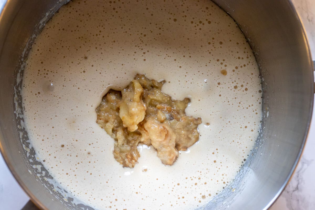 the mashed bananas are added to egg mixture