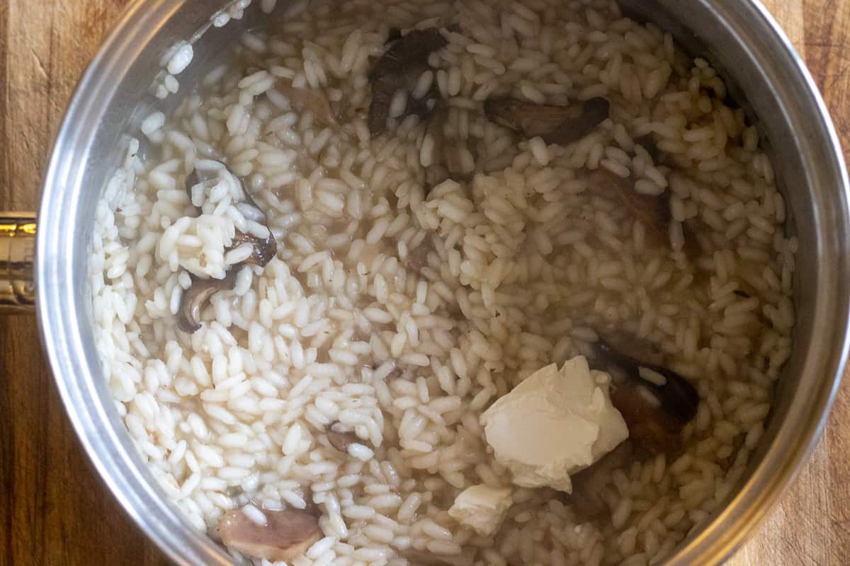 Mascarpone is added to the risotto