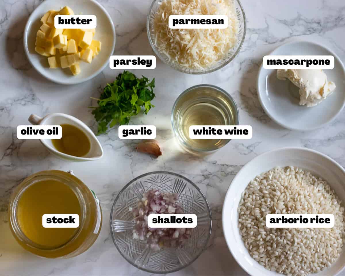 Labelled picture of ingredients for wild mushroom risotto