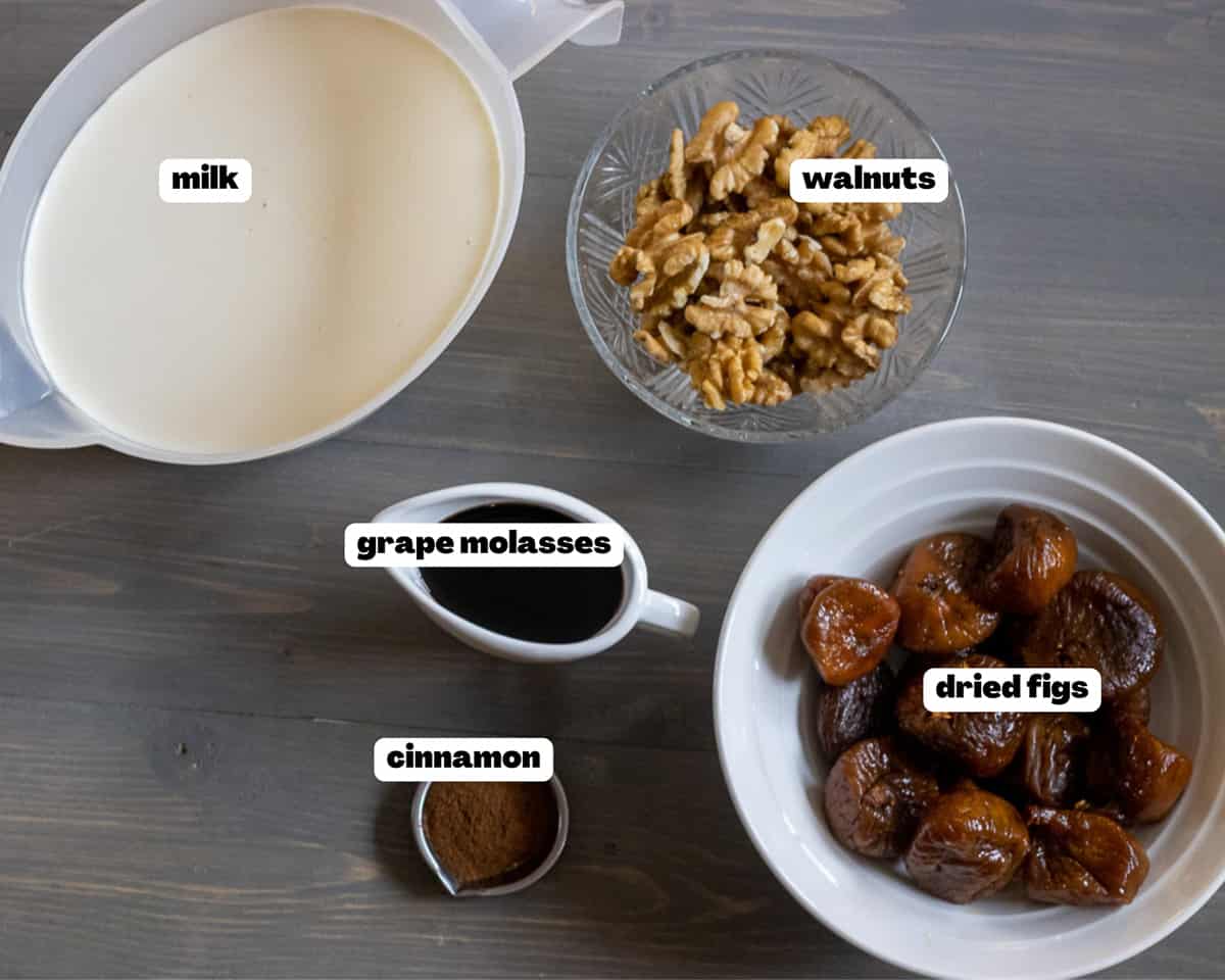 Labelled picture of ingredients for fig pudding