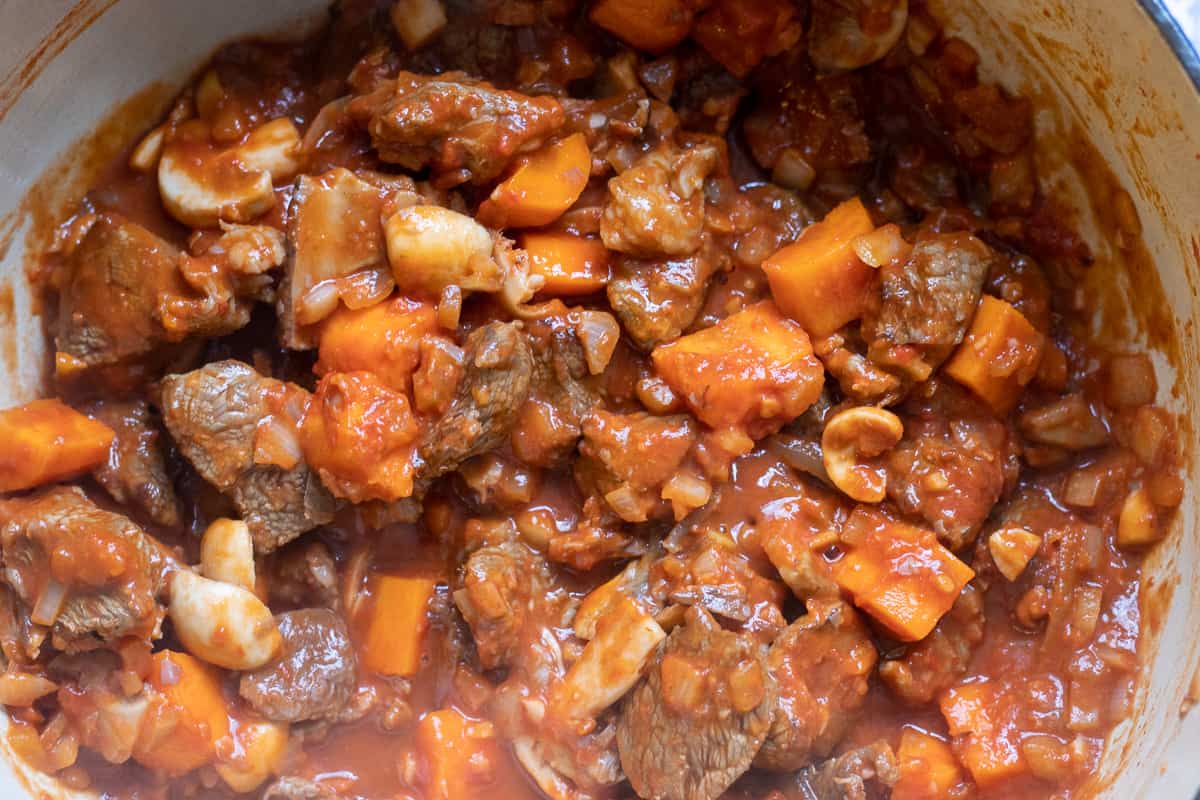 mushroom stock is added to deglaze the pan