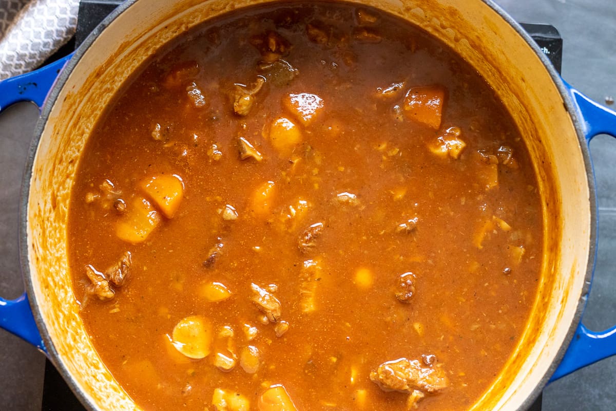 steak pie filling is cooked until tender