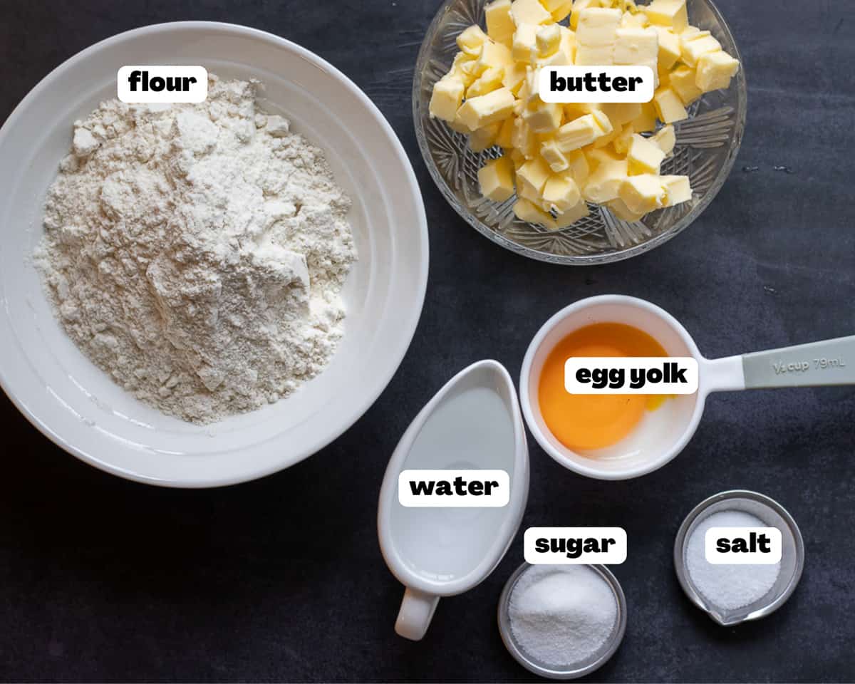 Labelled picture of ingredients for steak pie shortcrust pastry