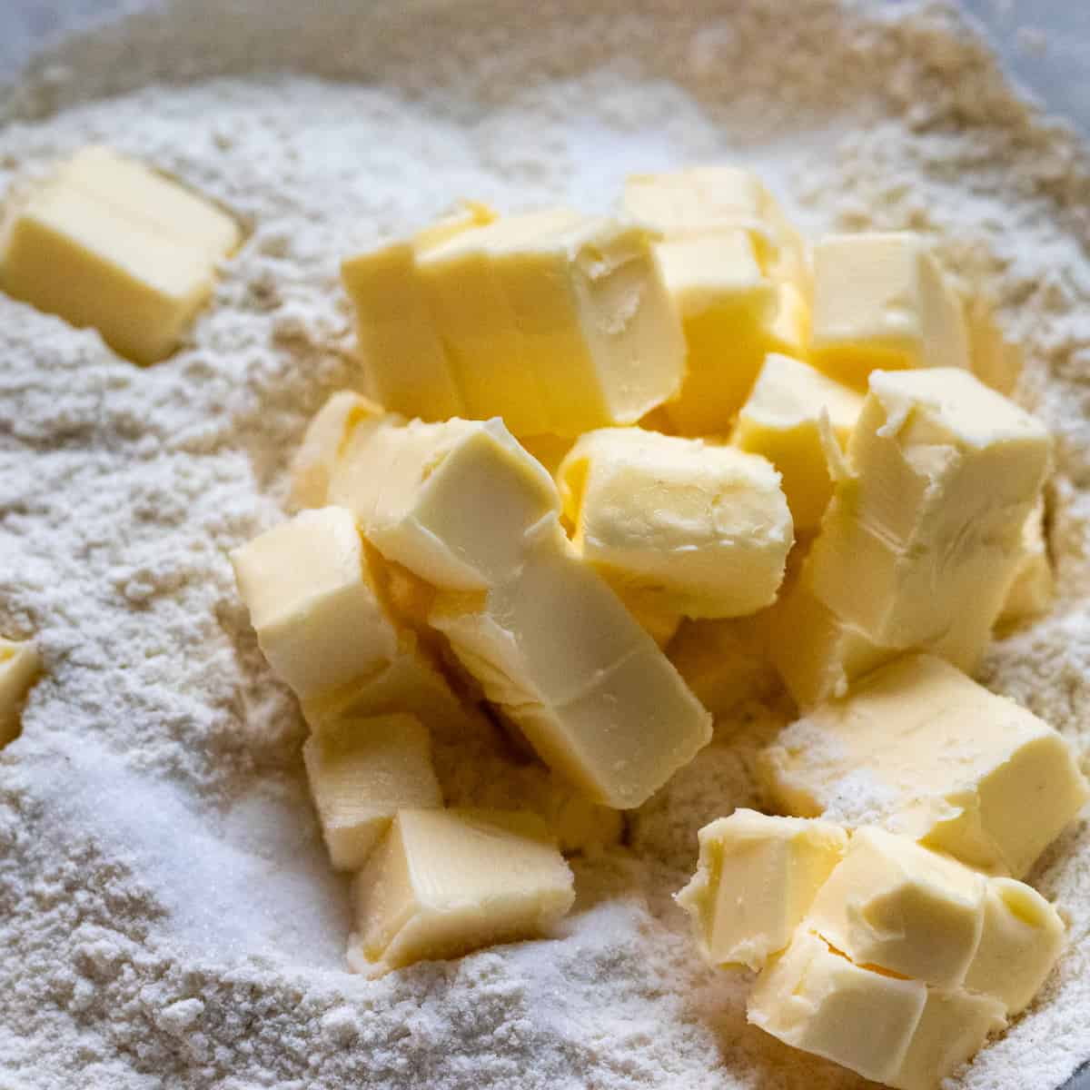cold butter cut in cubes added to the flour to make shortcrust pastry