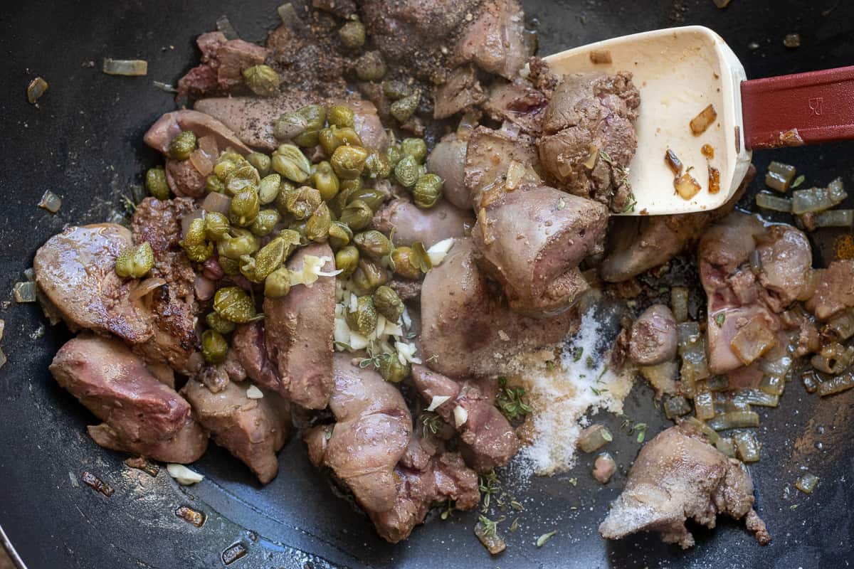 Sautéing the capers and garlic
