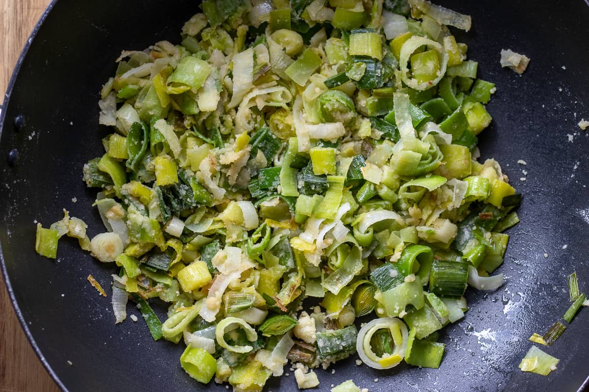 sautéing the flour with leeks for a few minutes