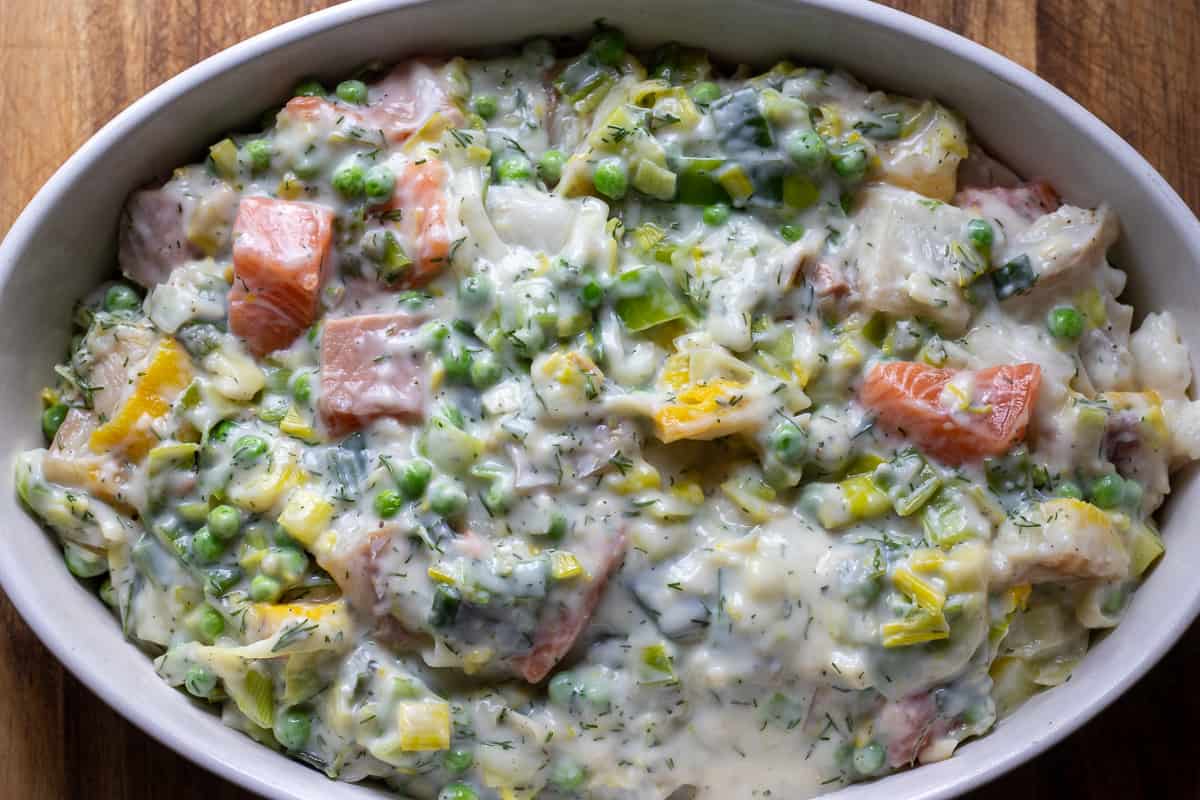 fish pie mixture is transferred in a baking dish