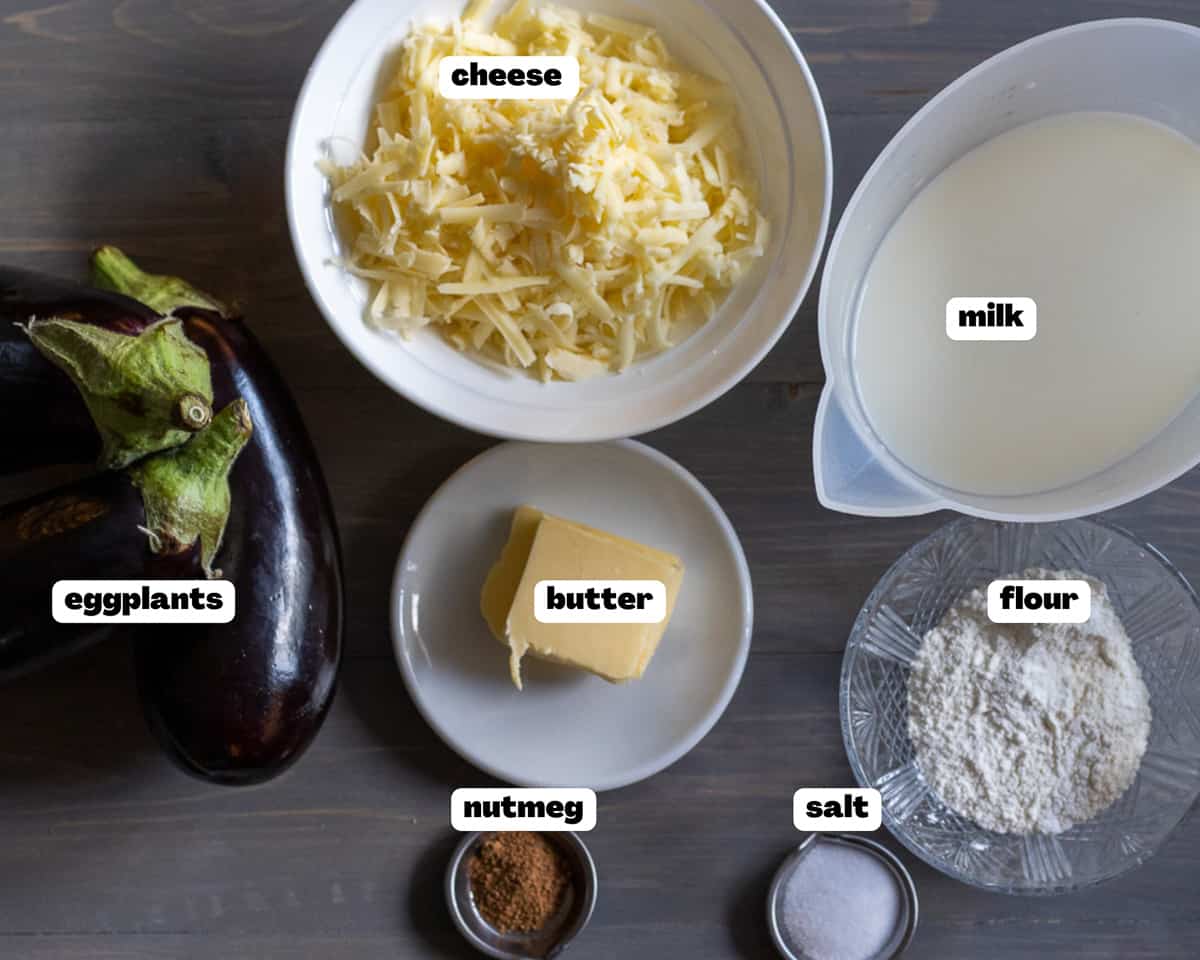 Labelled picture of ingredients for hunkar begendi aubergine sauce