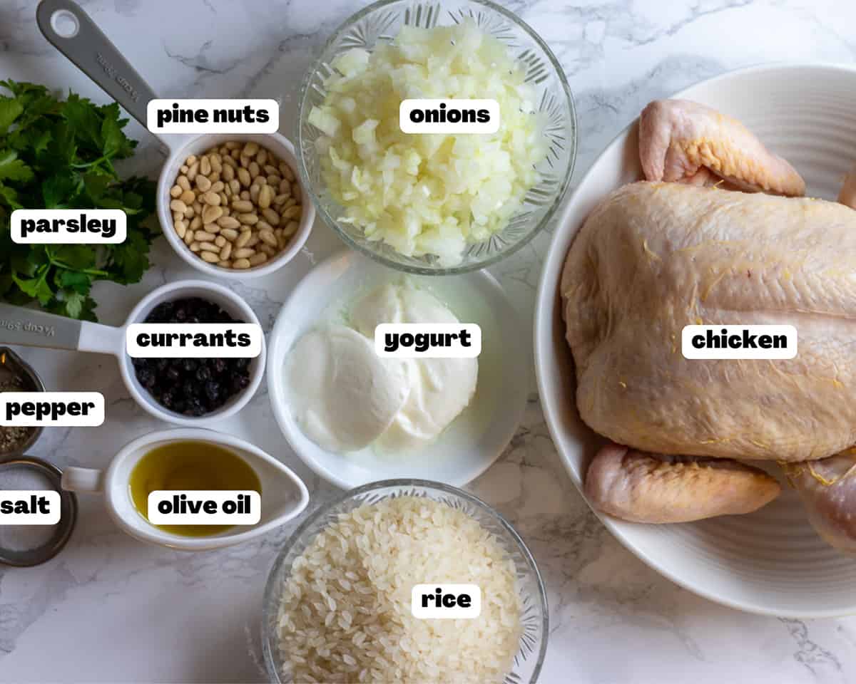 Labelled picture of ingredients for rice stuffed chicken