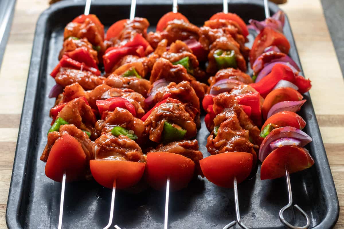 chicken Shish Kebabs threaded on skewers
