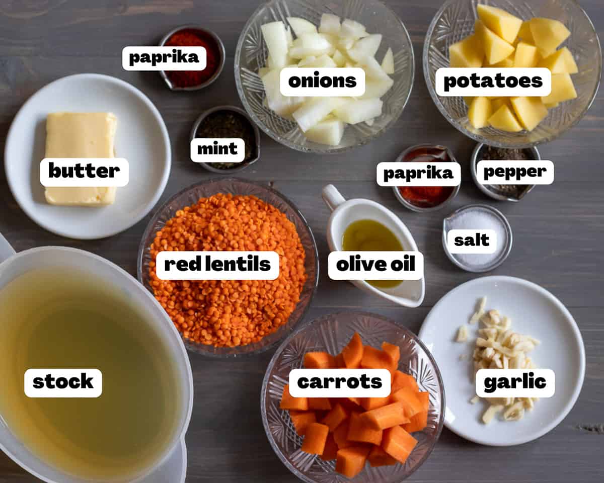 labeled picture of ingredients for Turkish Lentil Soup (Mercimek Corbasi)