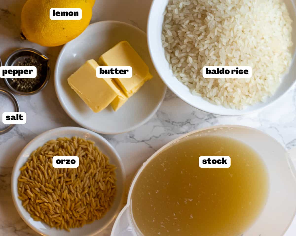 Labelled picture of ingredients for Turkish rice pilaf