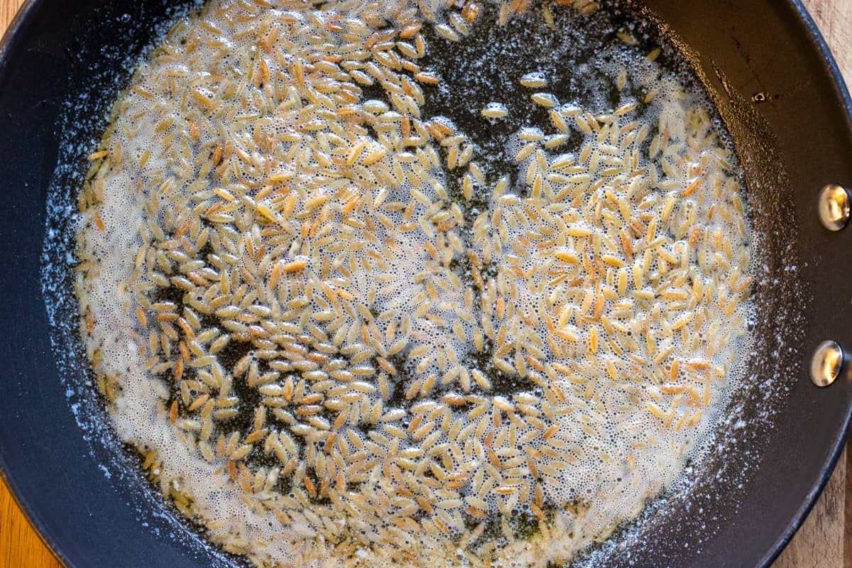 Browning the orzo with butter