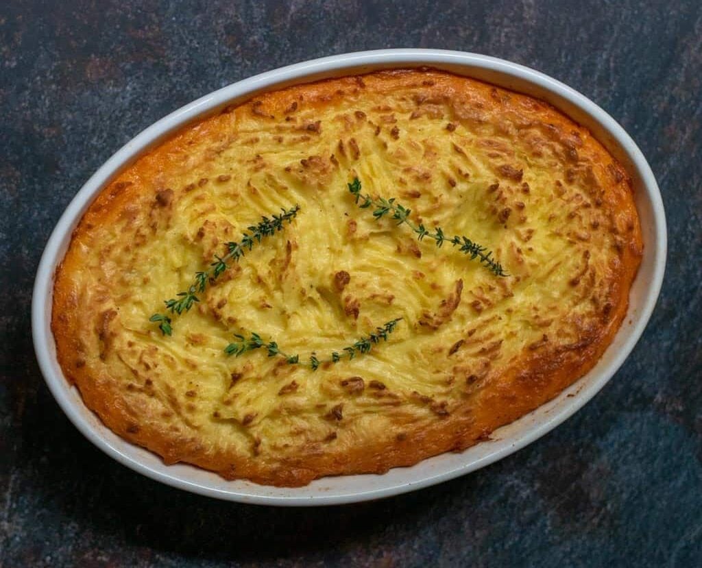 traditional easy cottage pie is baked until golden