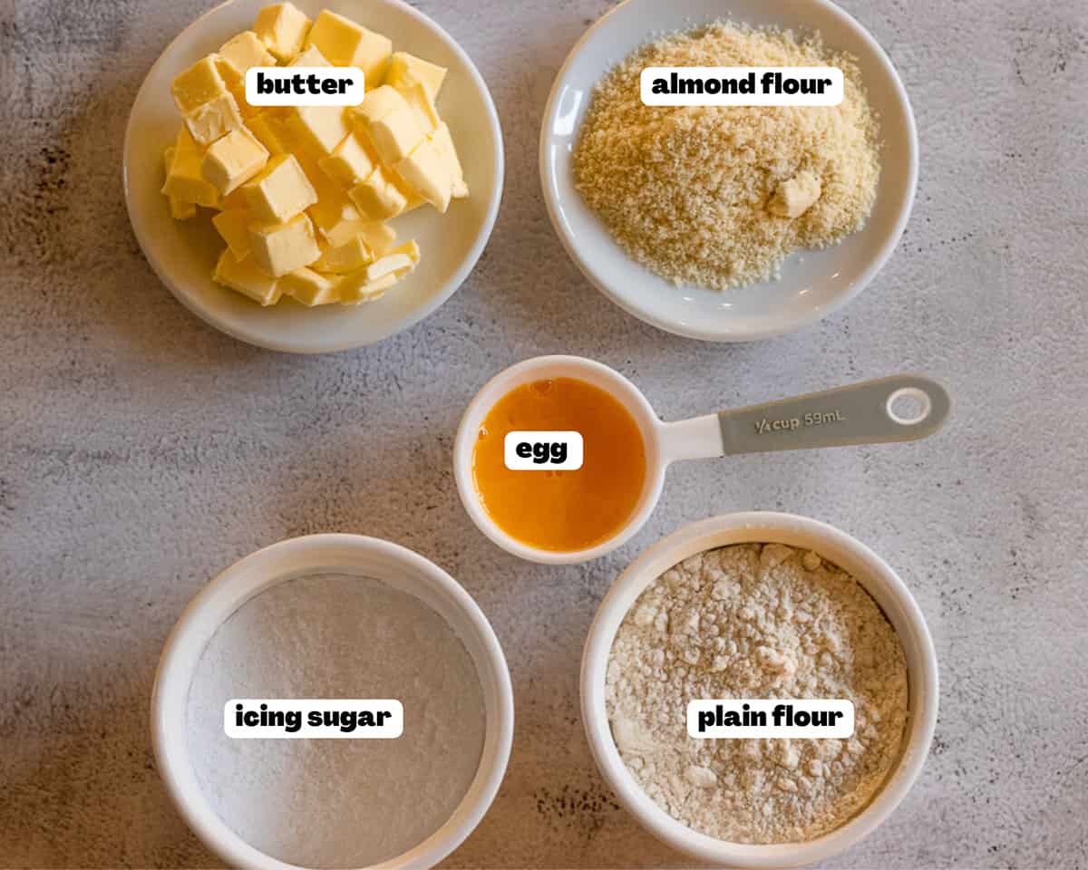 Labelled picture of ingredients for Tart aux Fraises - French Strawberry Custard Tart