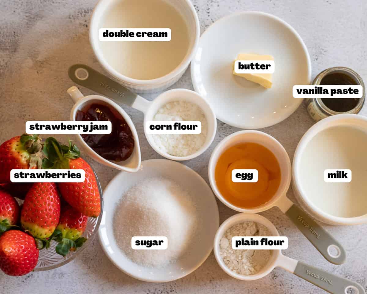 Labelled picture of ingredients for tart aux fraises - French strawberry custard tart
