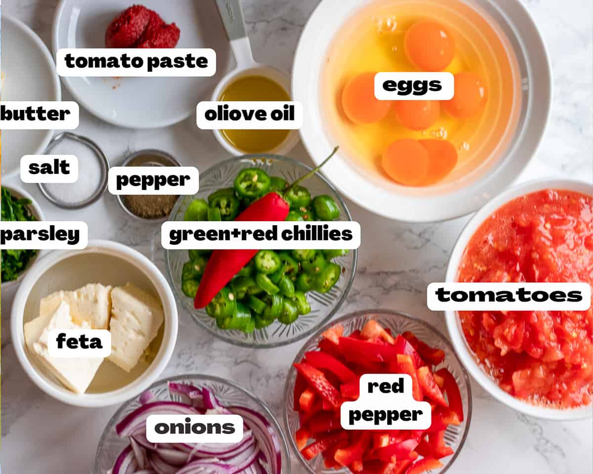 labeled picture of ingredients for traditional Shakshuka recipe