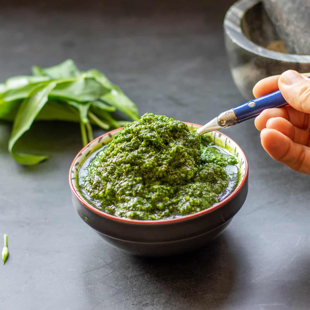 wild garlic pesto in a spoon