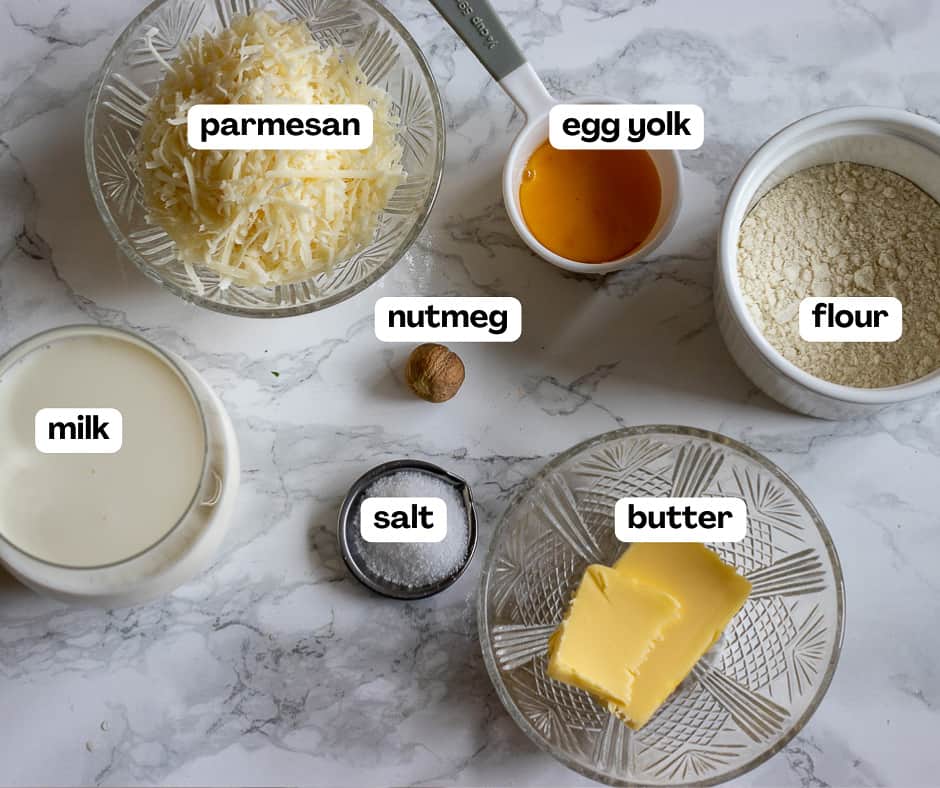 labelled picture of ingredients for béchamel sauce