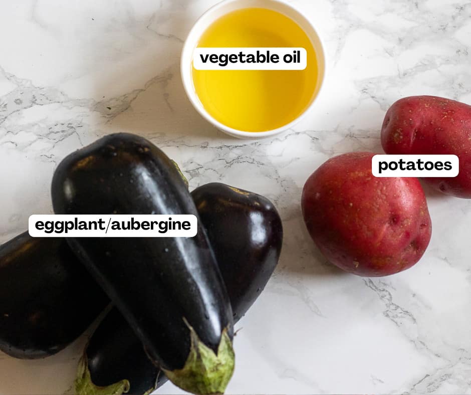 Labelled picture of ingredients for moussaka vegetables
