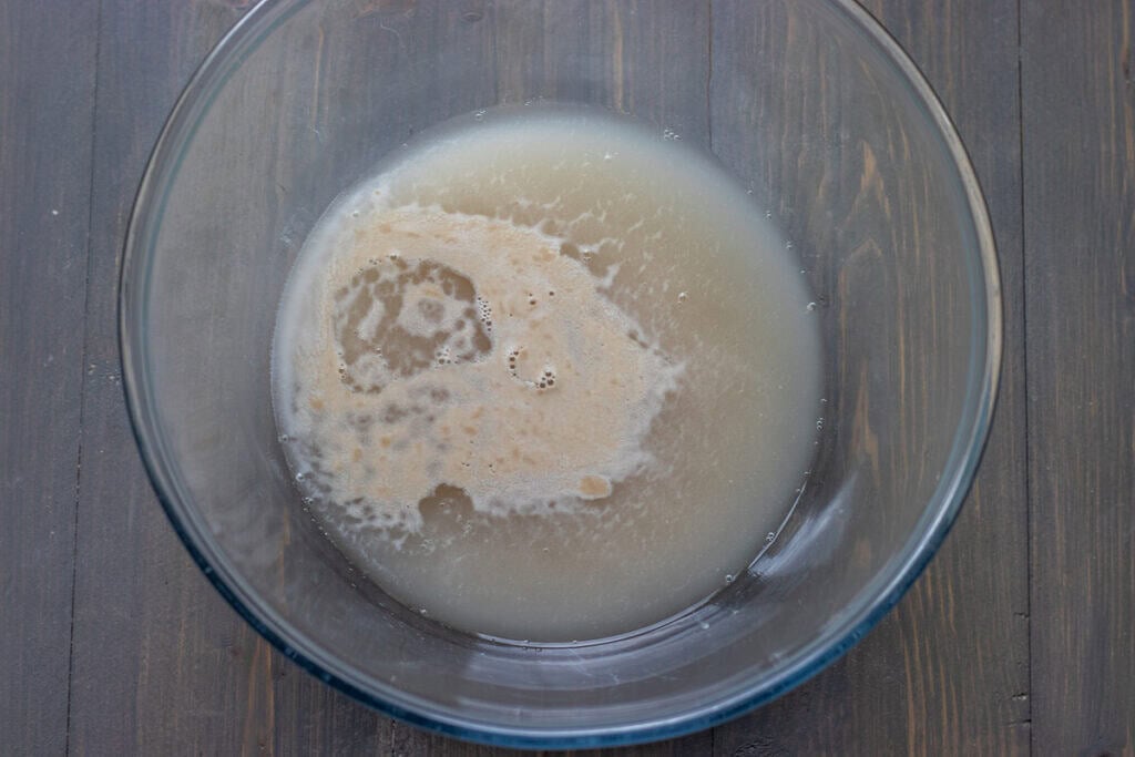 The yeast mixture is bubbly after 10 minutes.