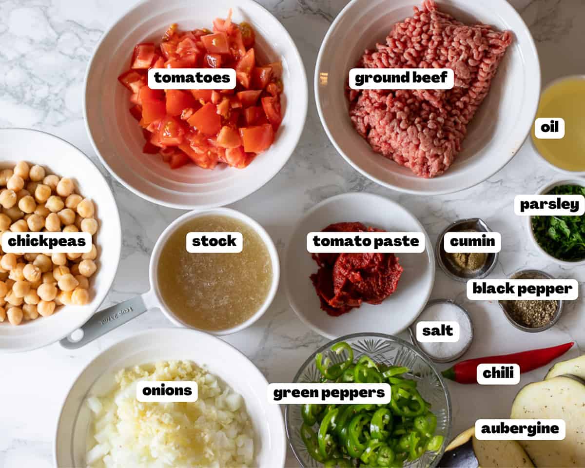 Labelled picture of ingredients for Turkish Moussaka