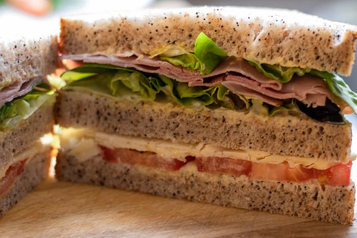 ham and cheese sandwich cut in half