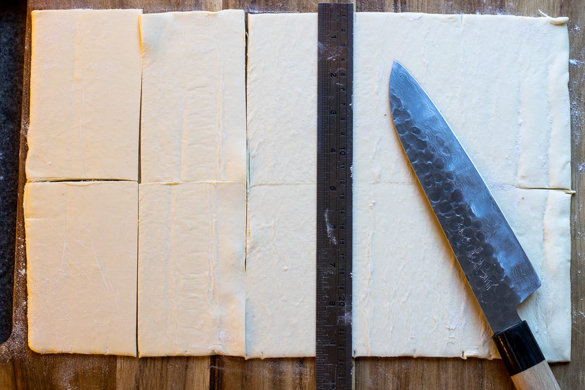 cut the pastry into 10 equal rectangular