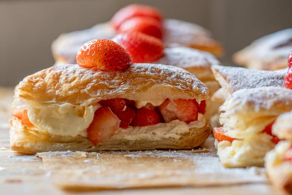 strawberry mille feuille dusted with icing sugar