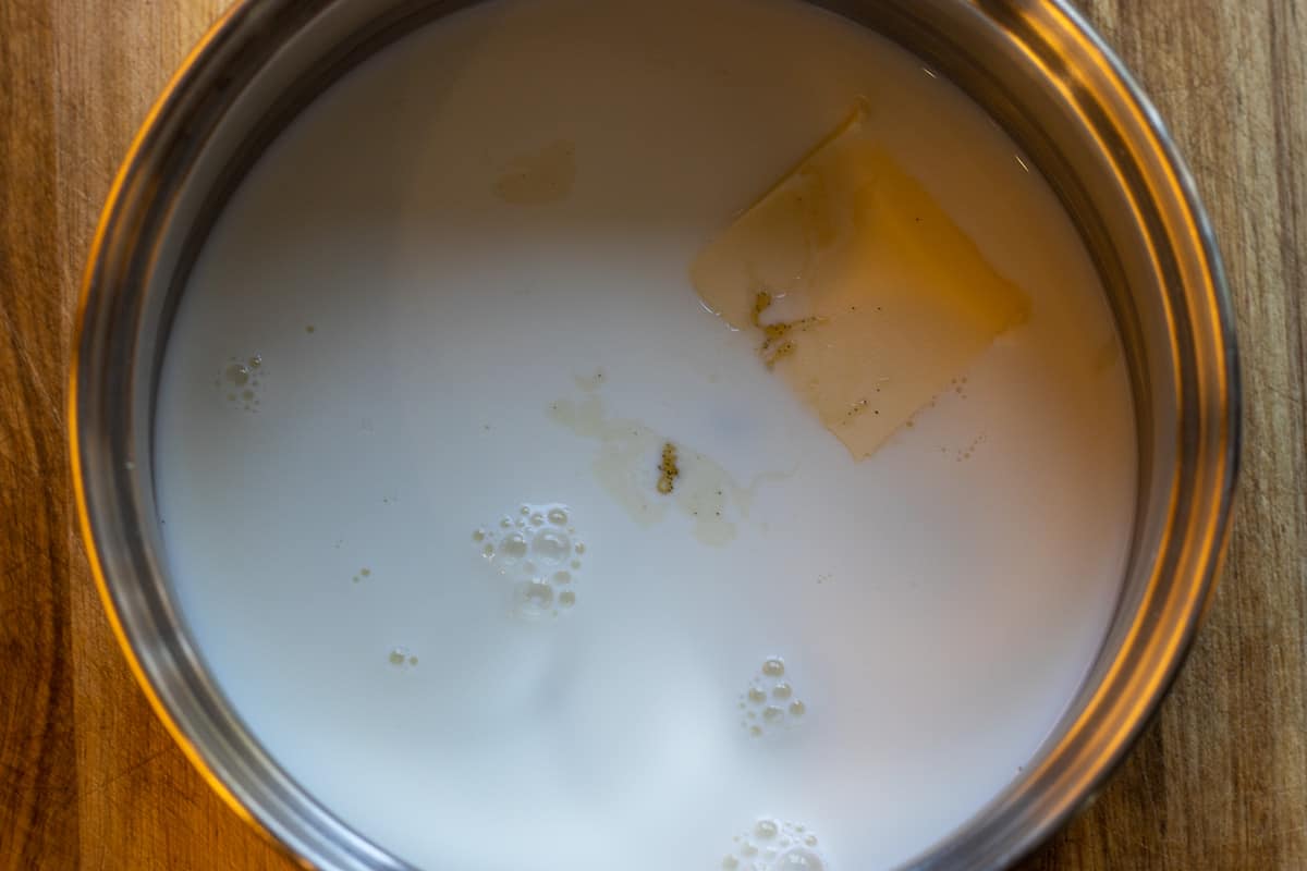 heat the milk, butter and vanilla on low heat