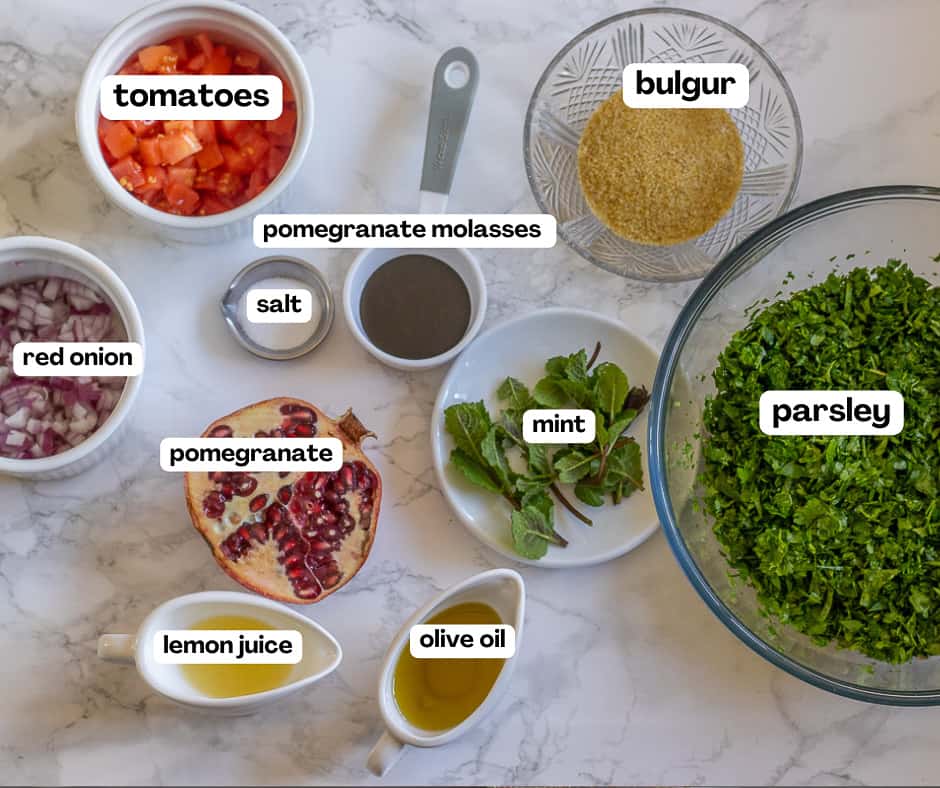 labelled picture of ingredients for taboule salad