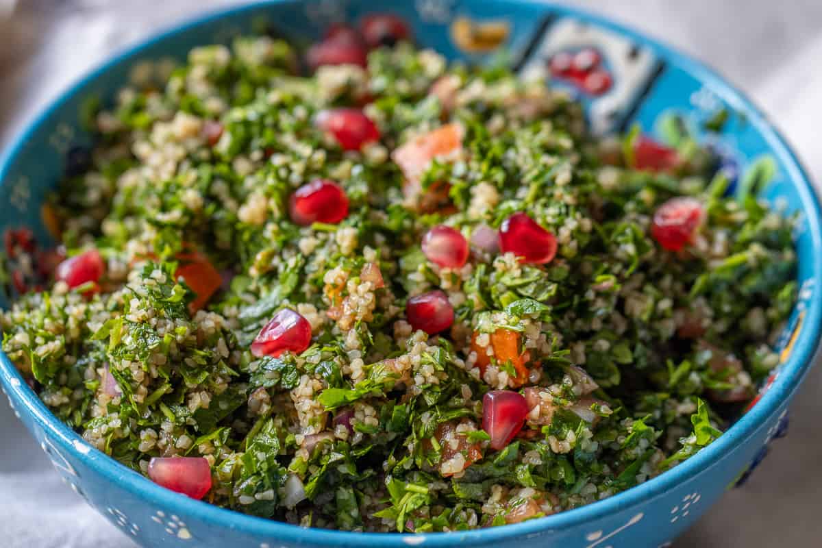 taboule garnished with pomegranate seeds