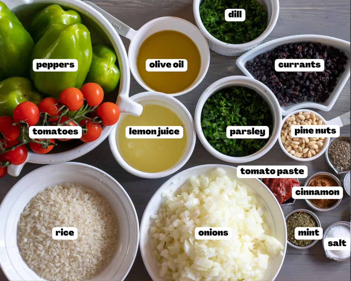 Labelled picture of ingredients for vegetarian stuffed peppers