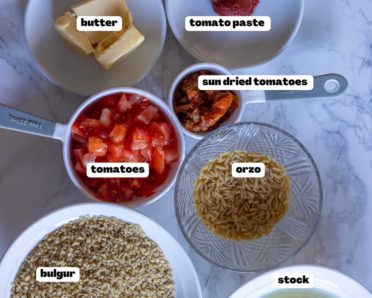 Labelled picture of ingredients for bulgur rice pilaf
