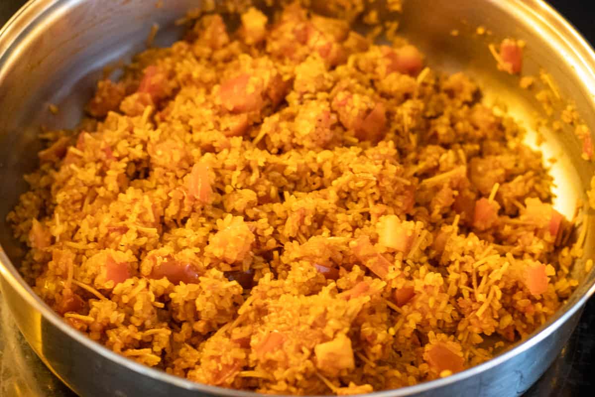 the bulgur is added to the pan