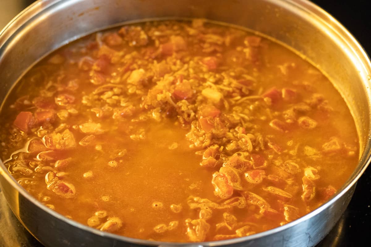 the stock is added to bulgur