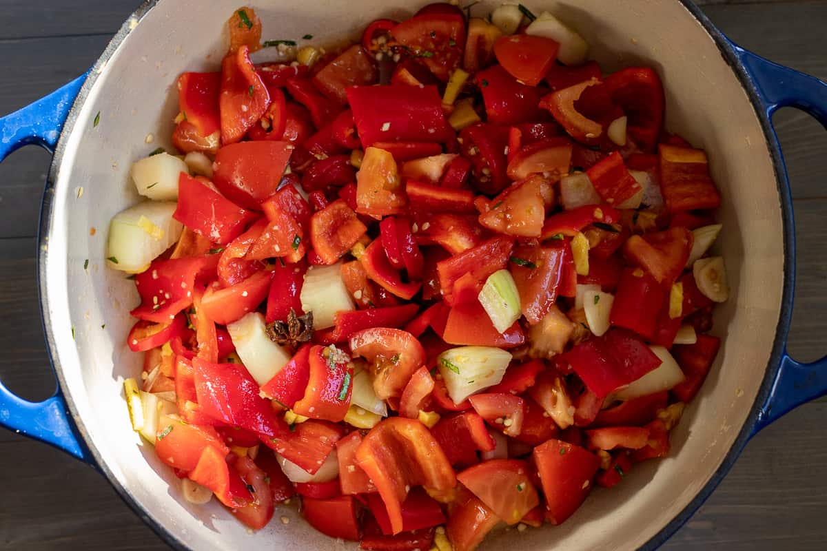 Ingredients for chili jam are in Dutch oven ready for cooking