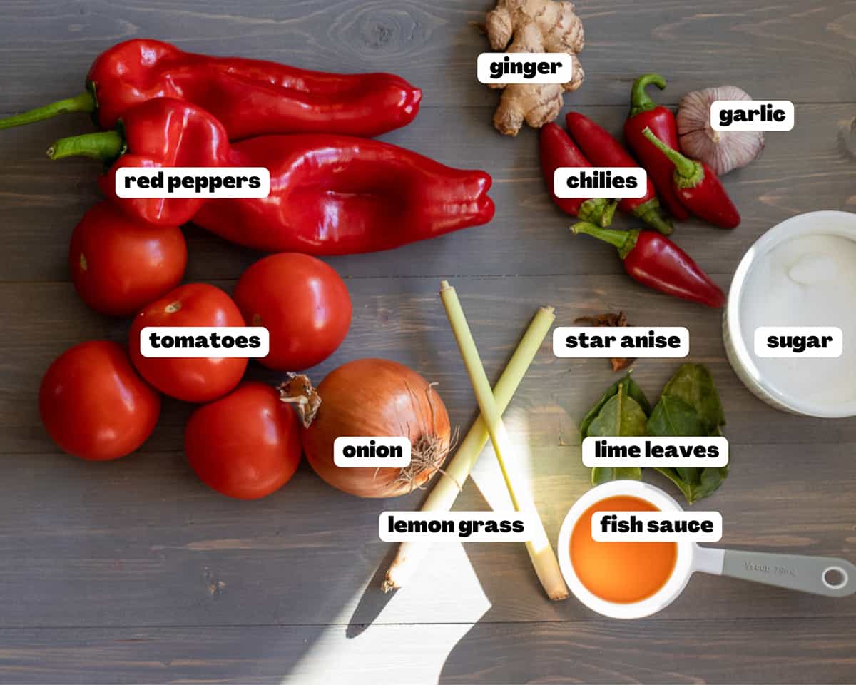 Labelled picture of ingredients for chili jam